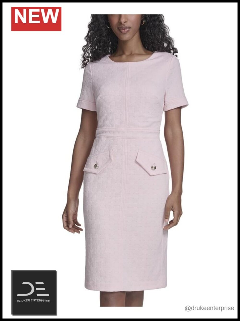 Short Sleeve Crew Neck Button Tweed Sheath Mini Dress Tailored